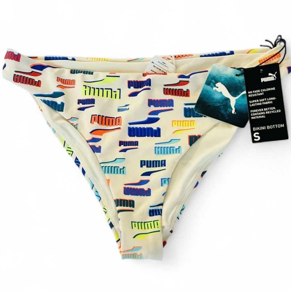 NEW Puma Bikini Bottom Womens Small High Cut Cheeky Logo Print Swim NWT